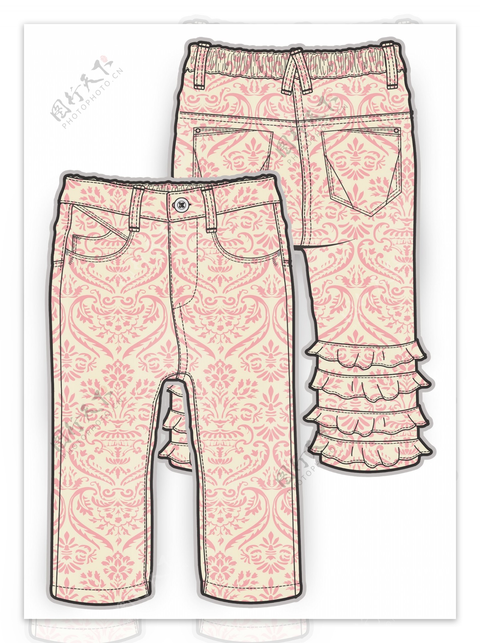 粉色花纹长裤小女生服装设计彩色矢量原稿