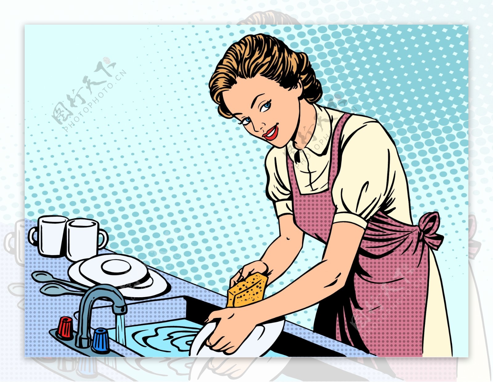 厨房洗碗的女人海报漫画风格人物矢量素