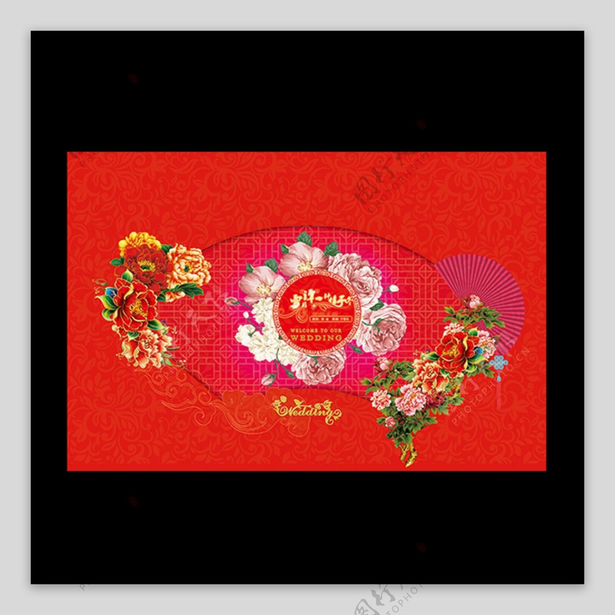 牡丹花大红色中式婚礼背景