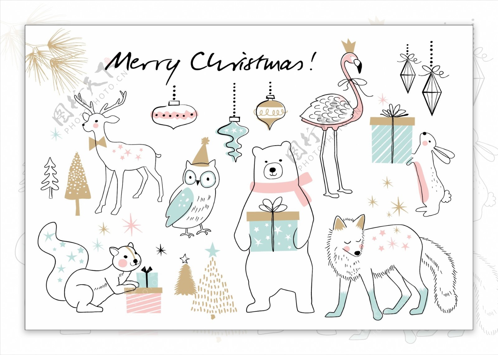 可爱卡通动物线稿圣诞节创意卡片矢量
