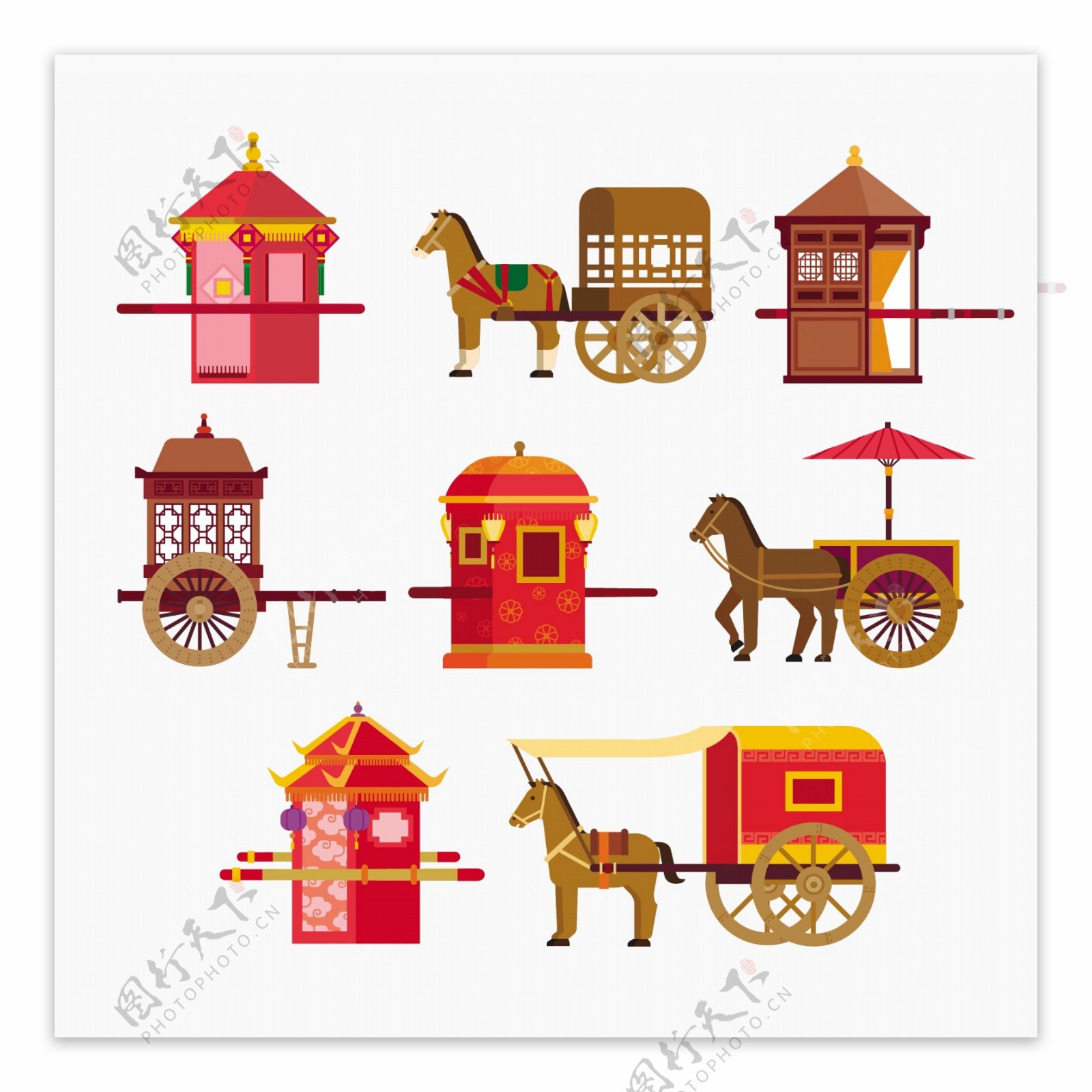 扁平化中国古代结婚建筑房屋矢量素材