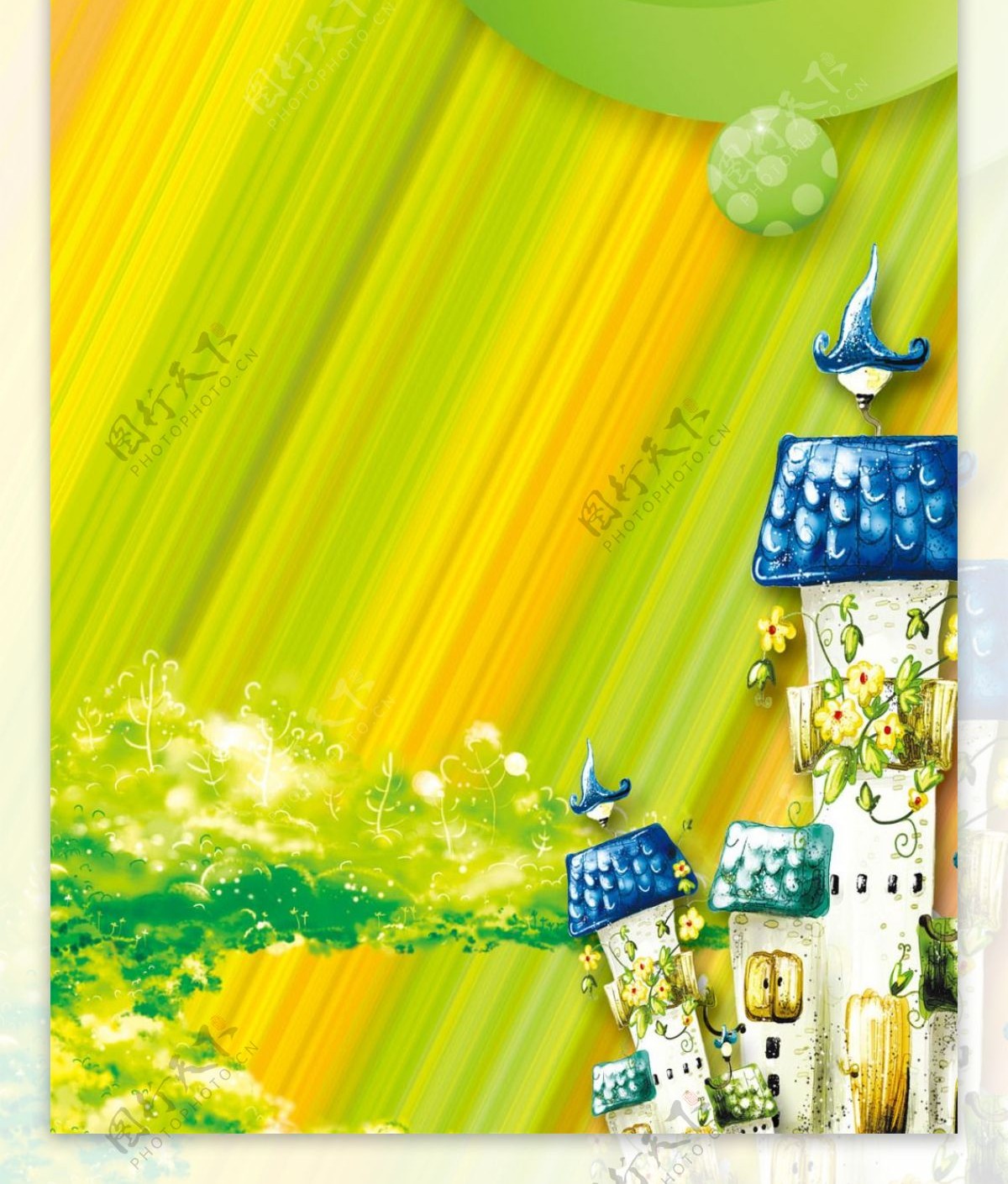 卡通城堡与鸟烟花光圈绿色背景展架素材
