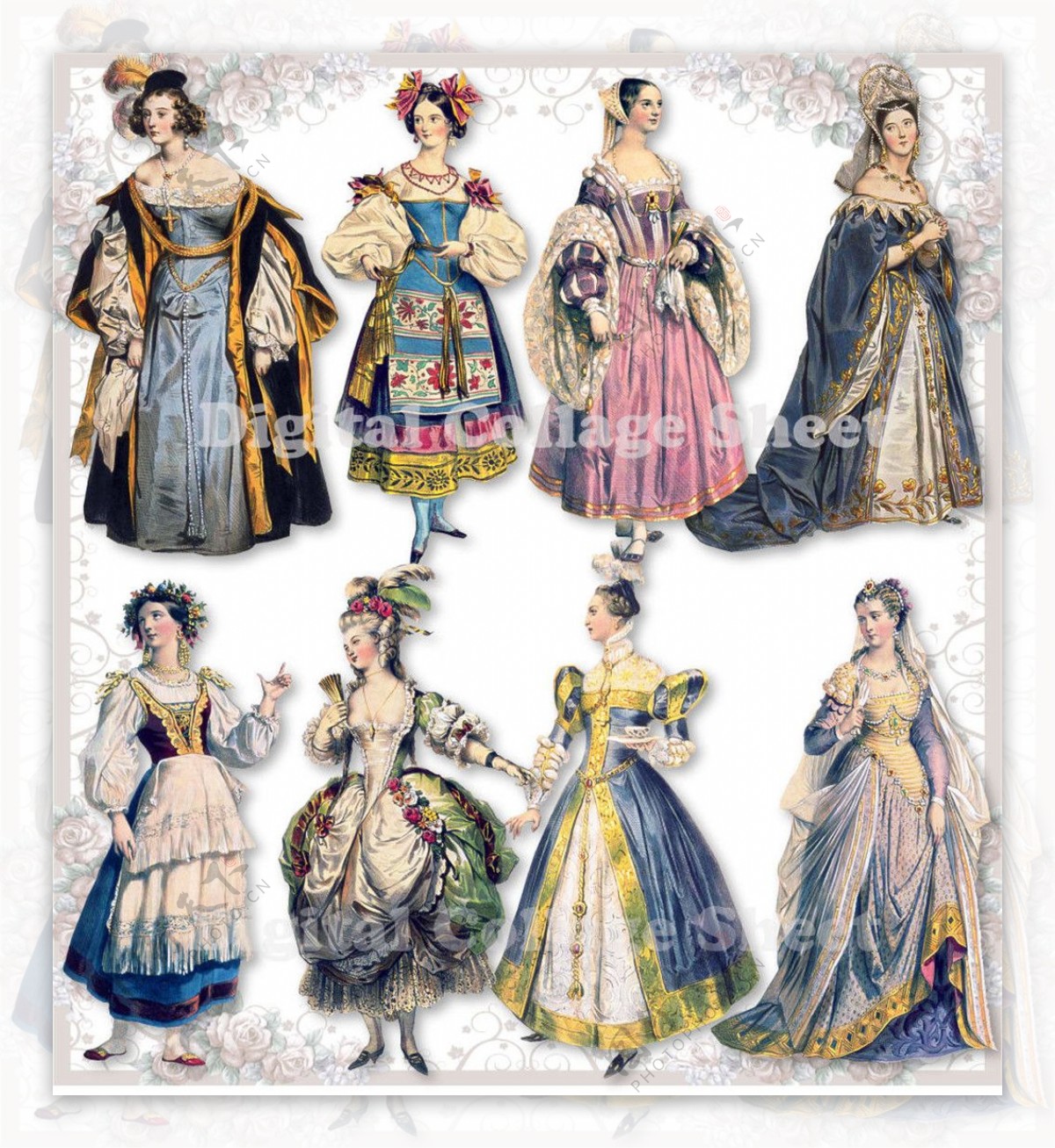 8款欧洲古典洛可可长裙设计图