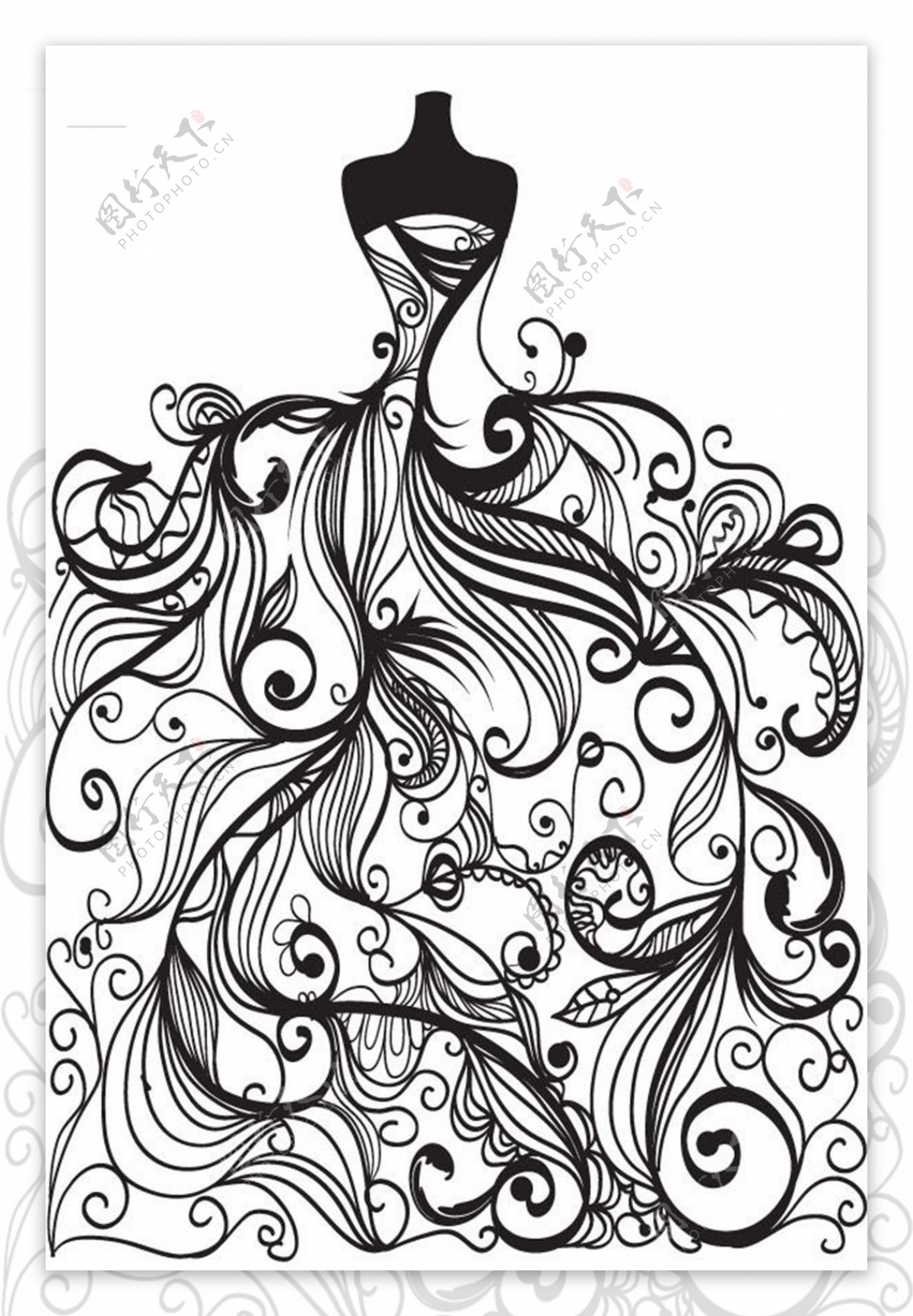 海浪花纹长裙设计线稿