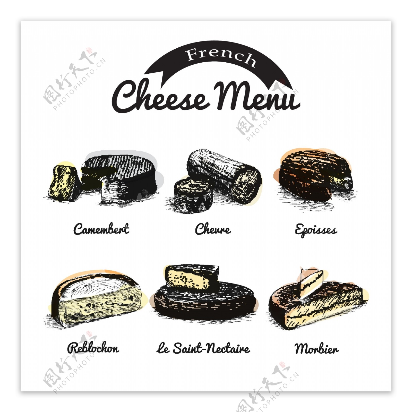 6款复古彩绘法国奶酪矢量素材