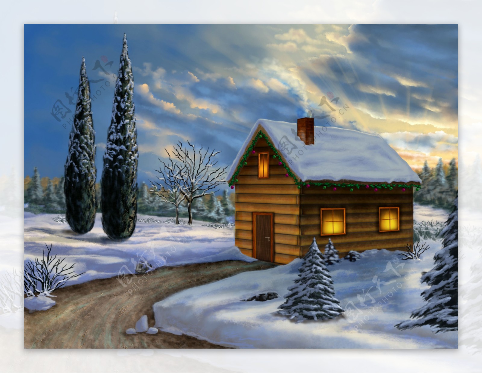 雪地上的小木屋插画图片