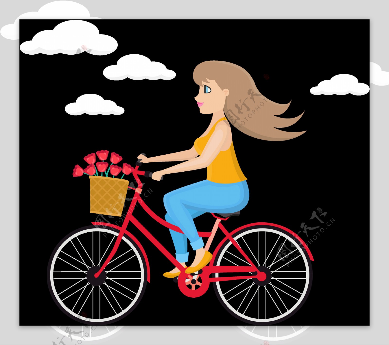 女孩骑自行车插画免抠png透明图层素材