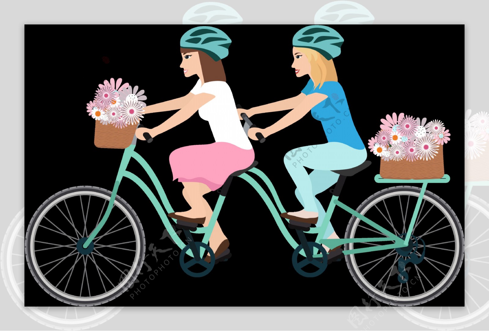 双人骑单车自行车插画免抠png透明素材