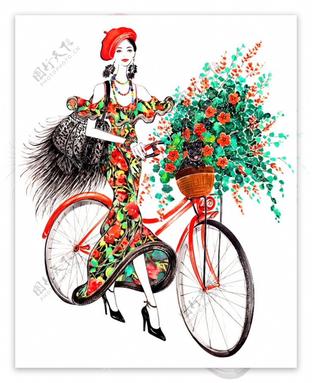 花朵长裙自行车图片