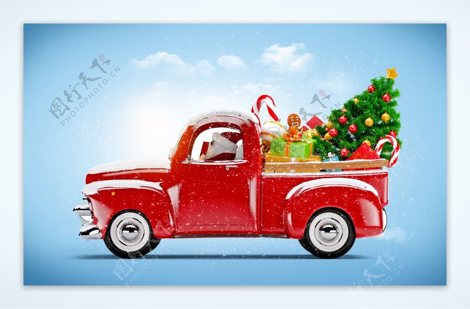 卡通汽车里的圣诞树和礼物图片