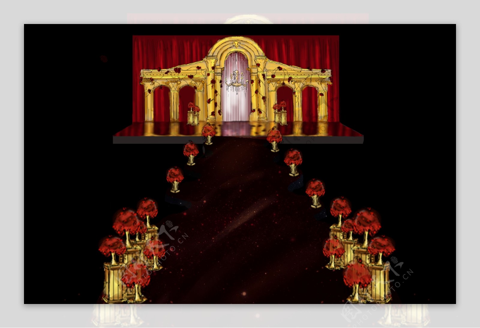 婚礼手绘舞台红色金色罗马柱