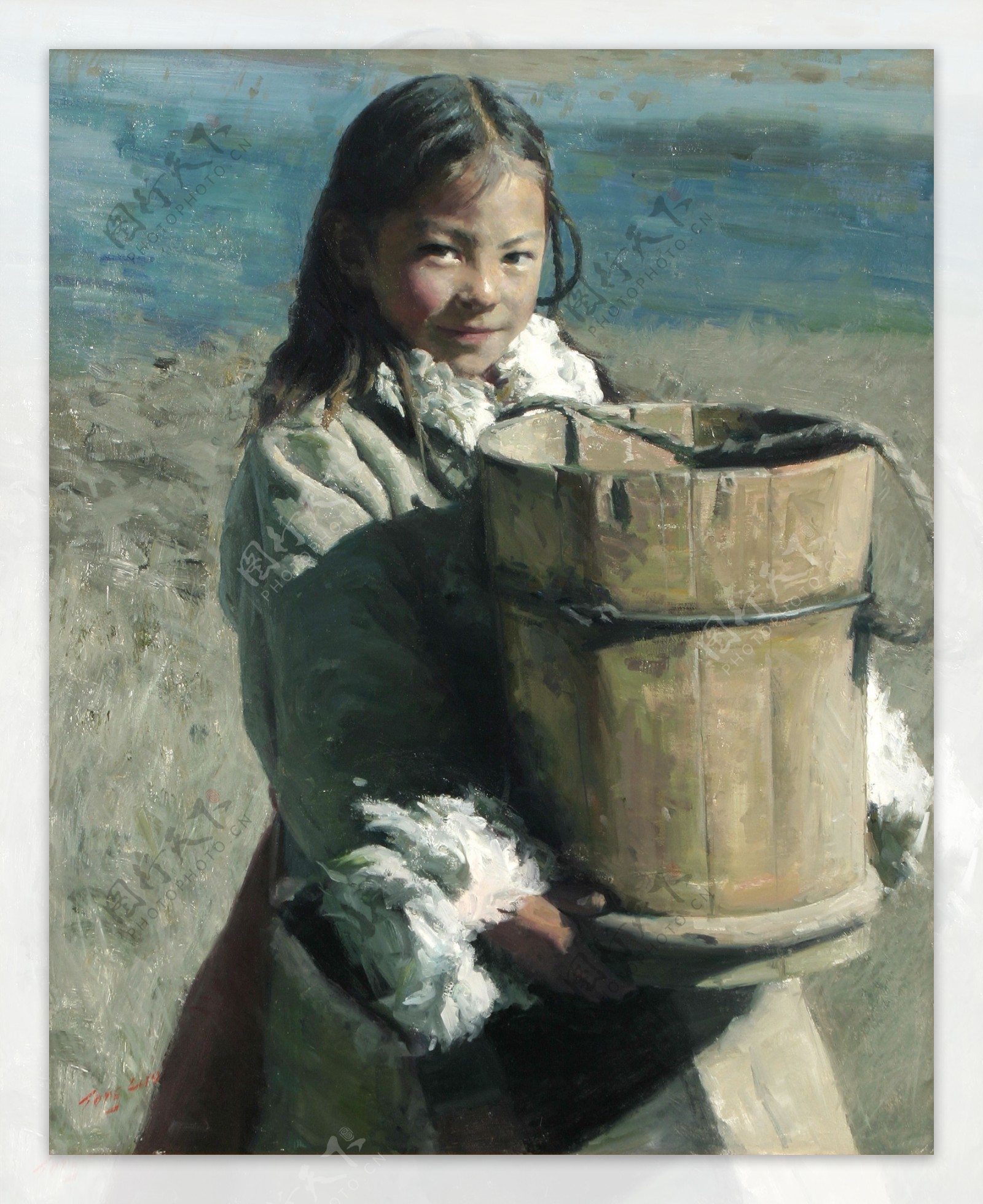 抱着水桶的藏族女孩油画肖像图片