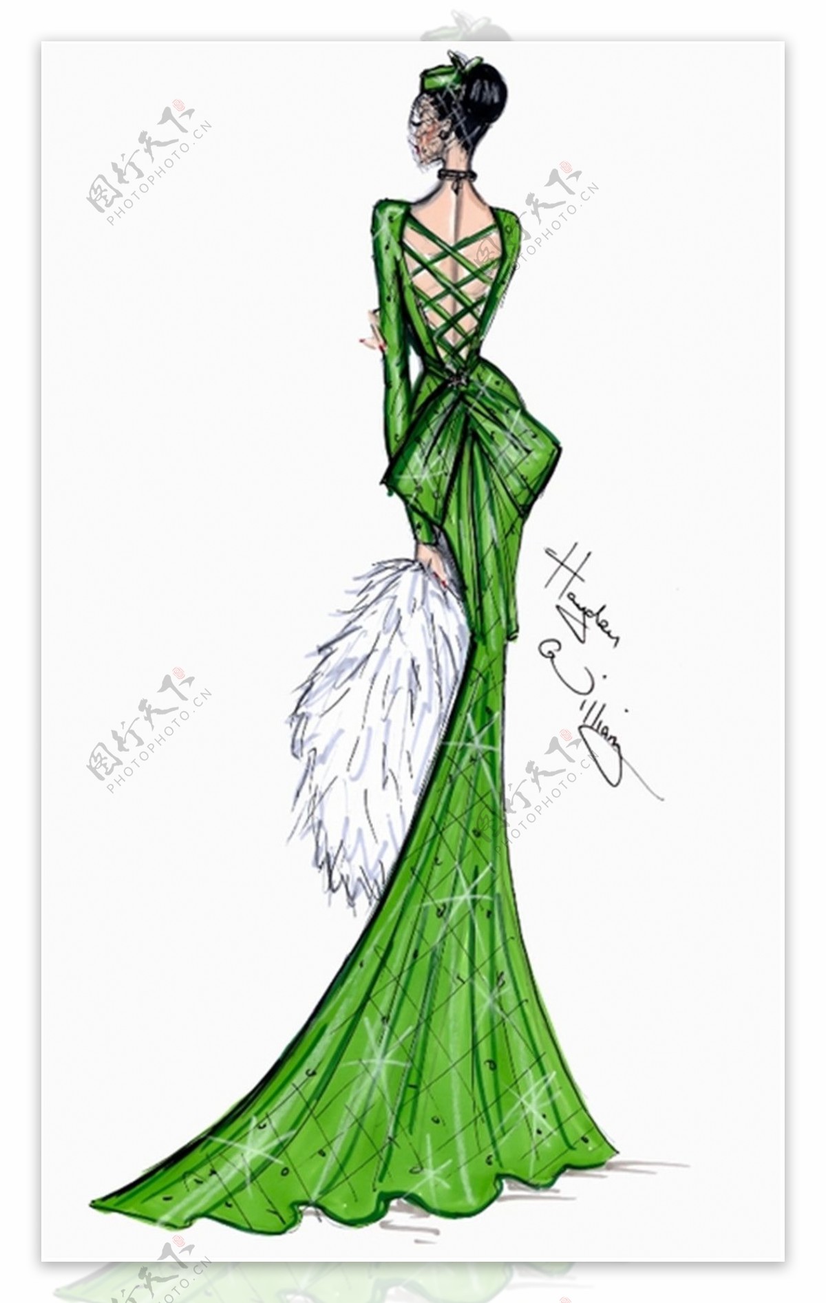绿色鱼尾婚纱长裙设计图