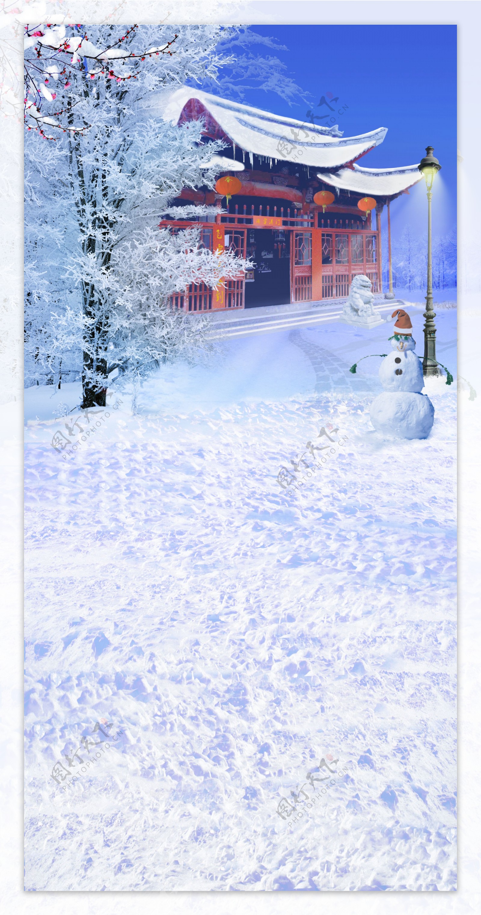 落满积雪的房子等影楼摄影背景图片