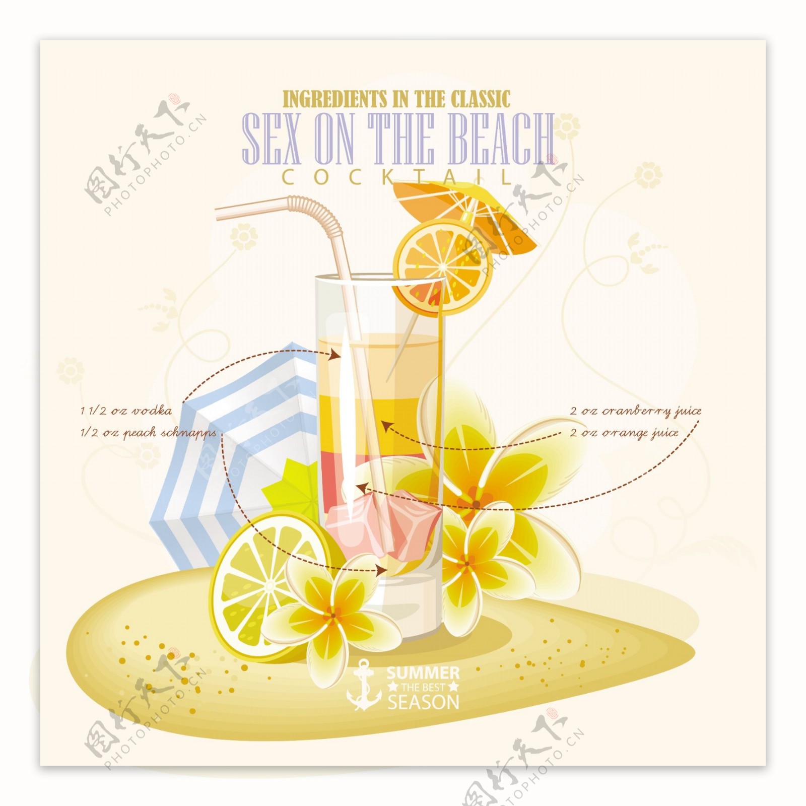 柠檬花朵手绘夏日饮料矢量素材
