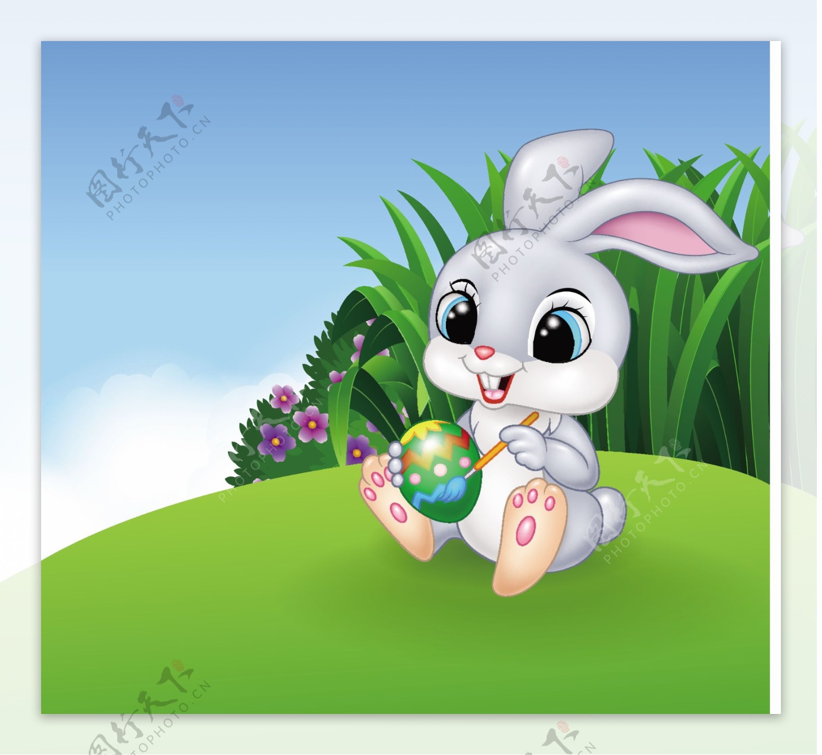 草丛边拿着彩蛋的可爱兔子