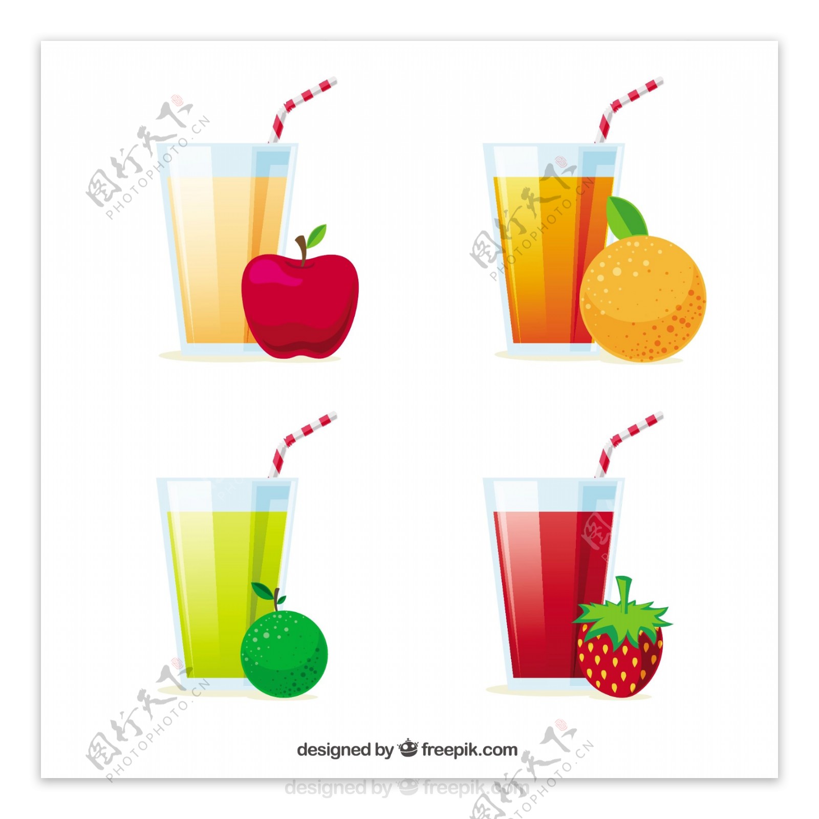 手绘各种玻璃杯装的果汁插图