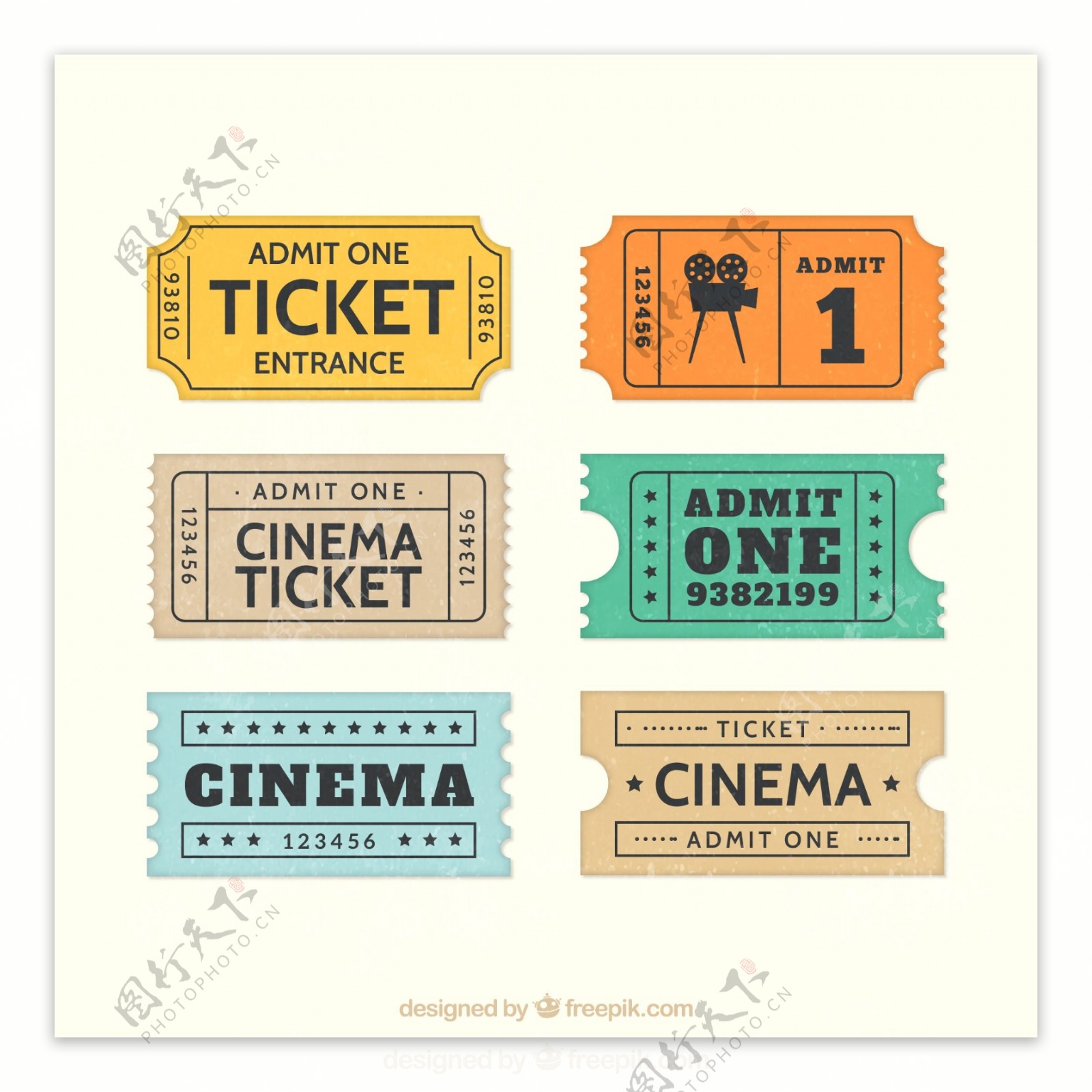 彩色电影票设计矢量图图片