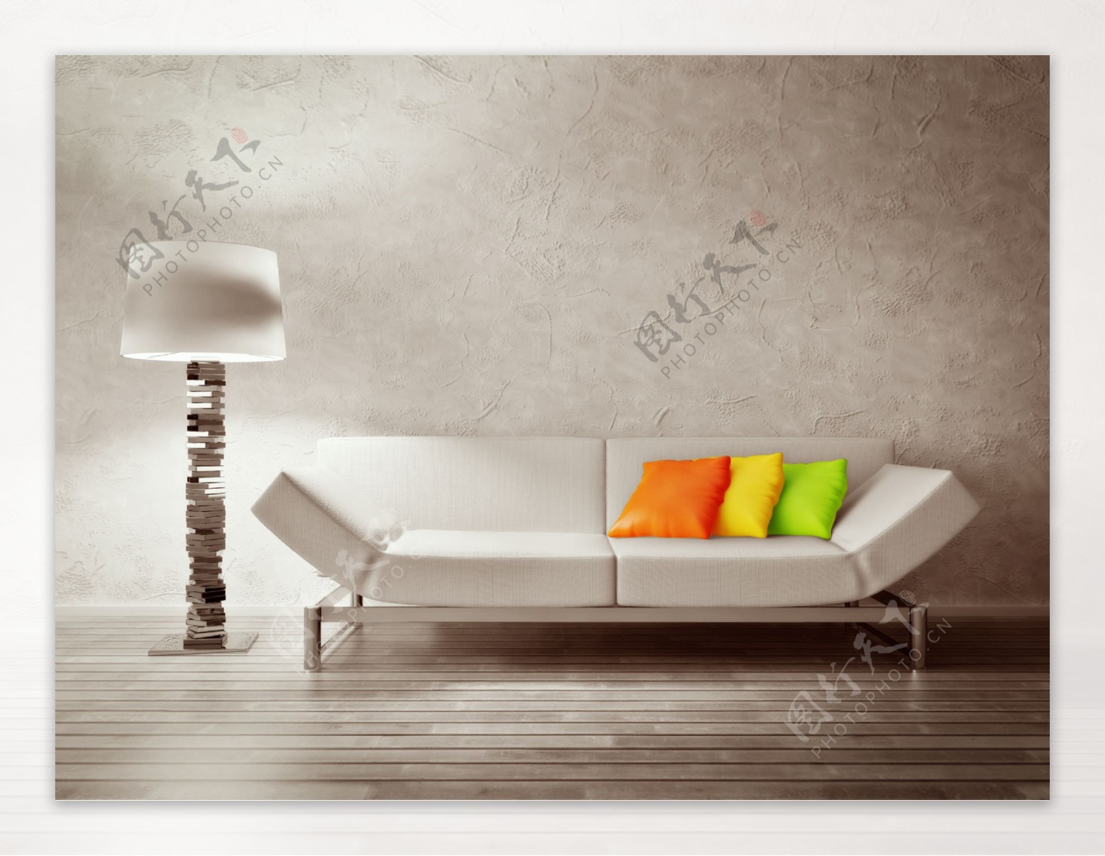 白色简洁沙发与落地台灯图片