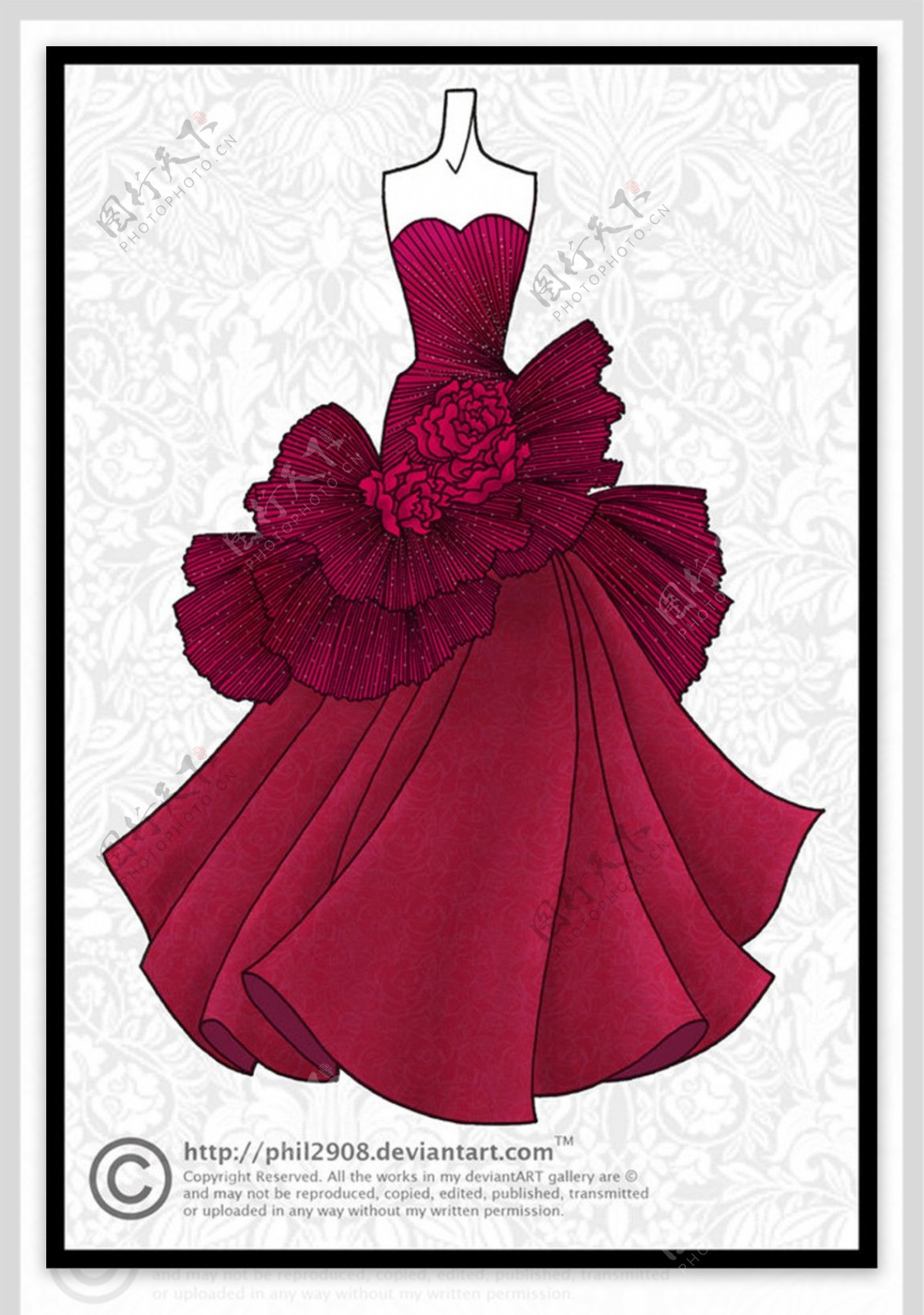红色花朵长裙礼服设计图