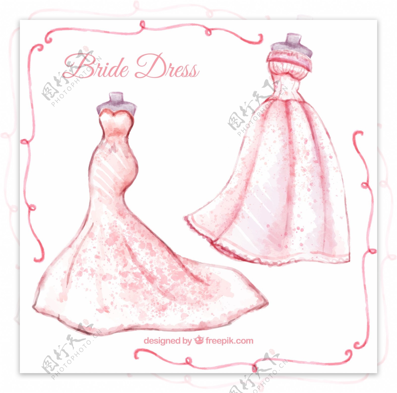 2款水彩绘粉色新娘婚纱矢量素材