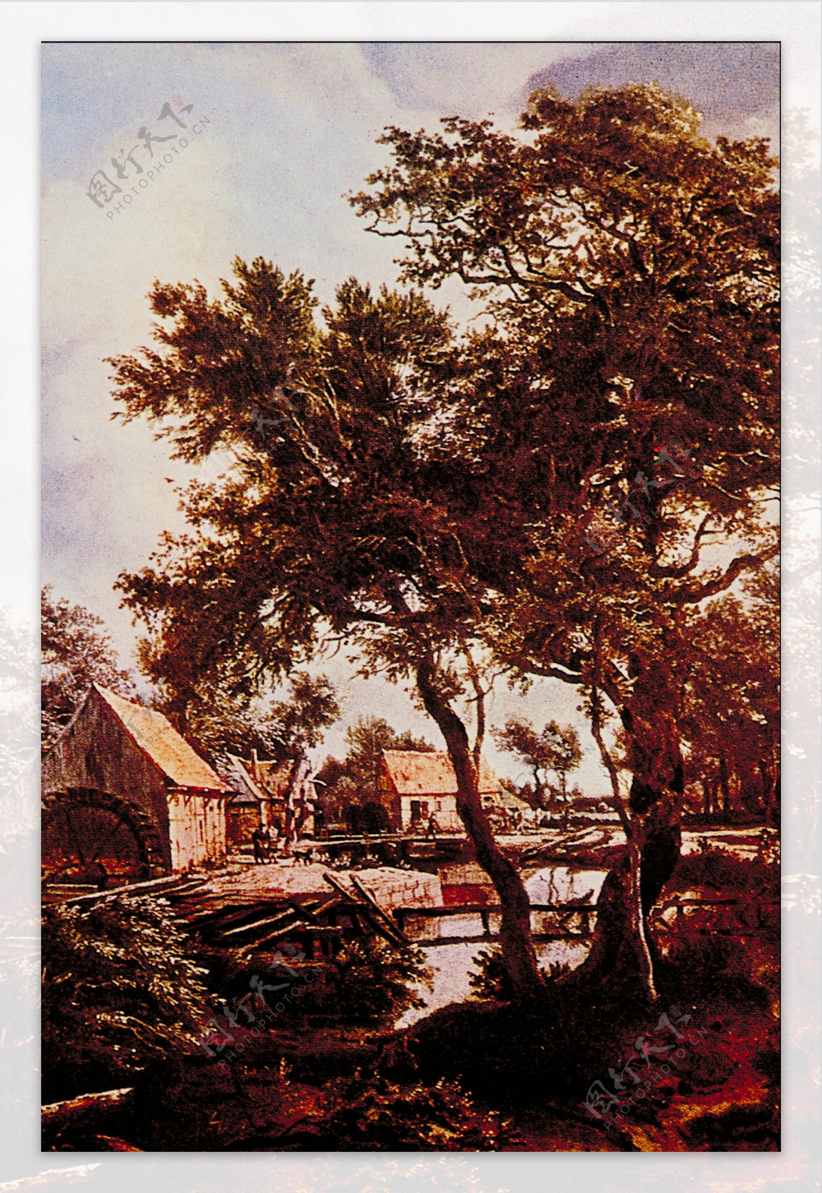 房屋树木油画图片