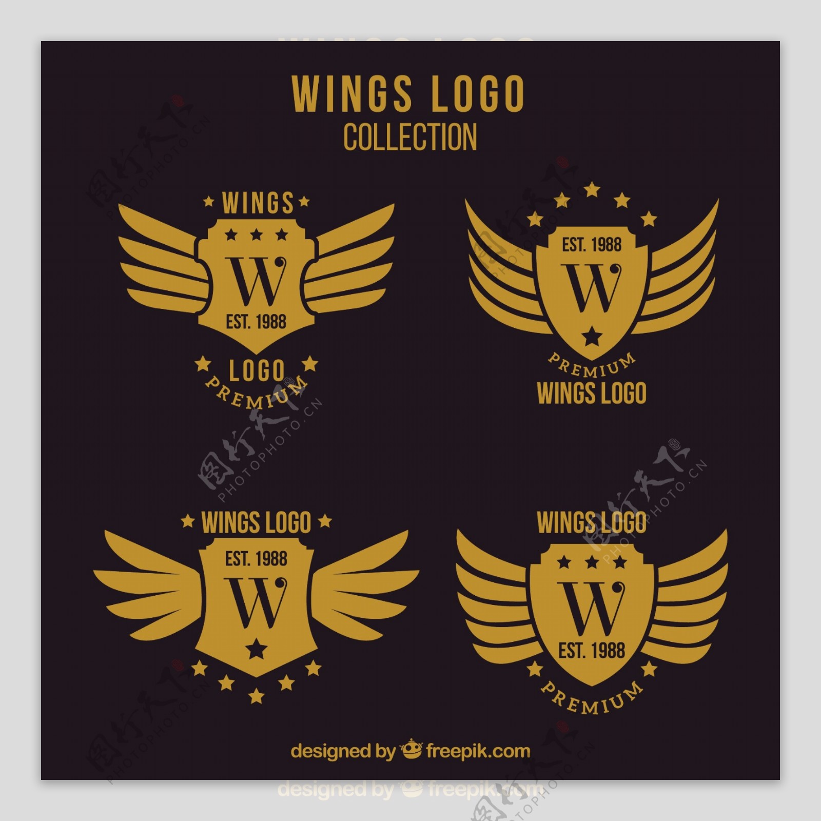 金色双翼翅膀盾牌标志