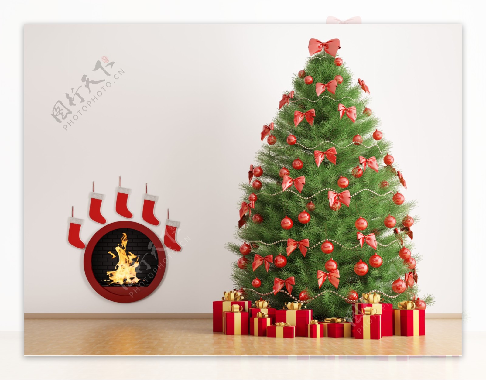 壁炉图案和圣诞树