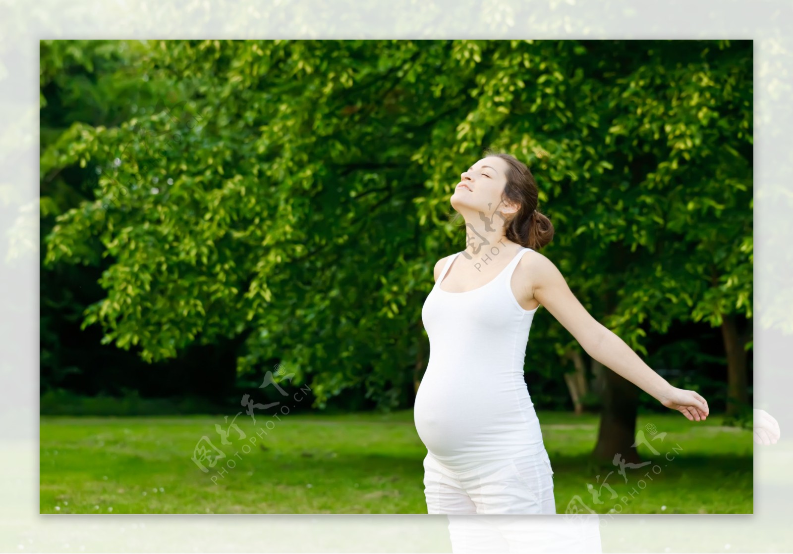 野外草地上呼吸新鲜空气的孕妇图片