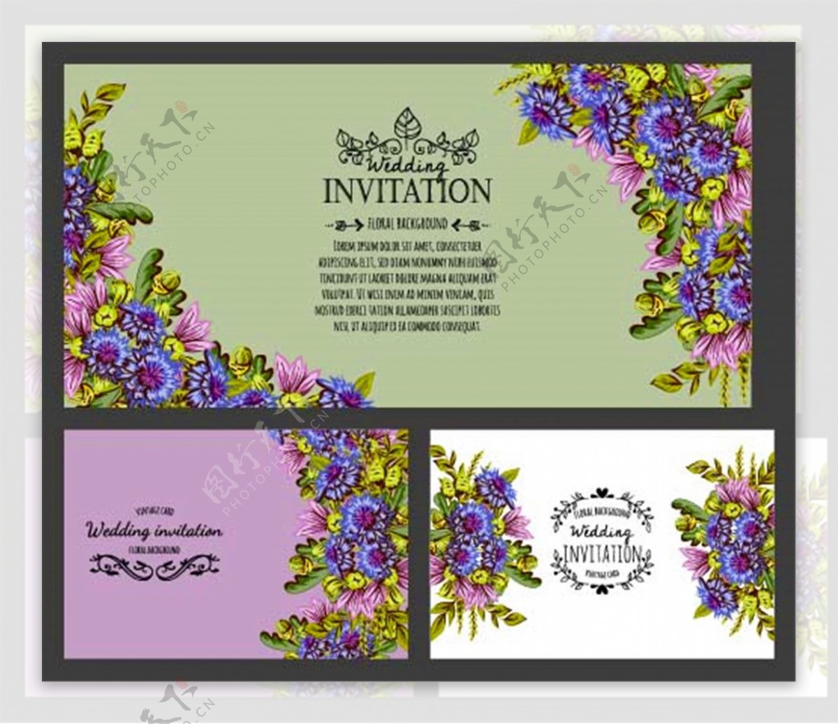 紫色植物花朵婚礼贺卡图片