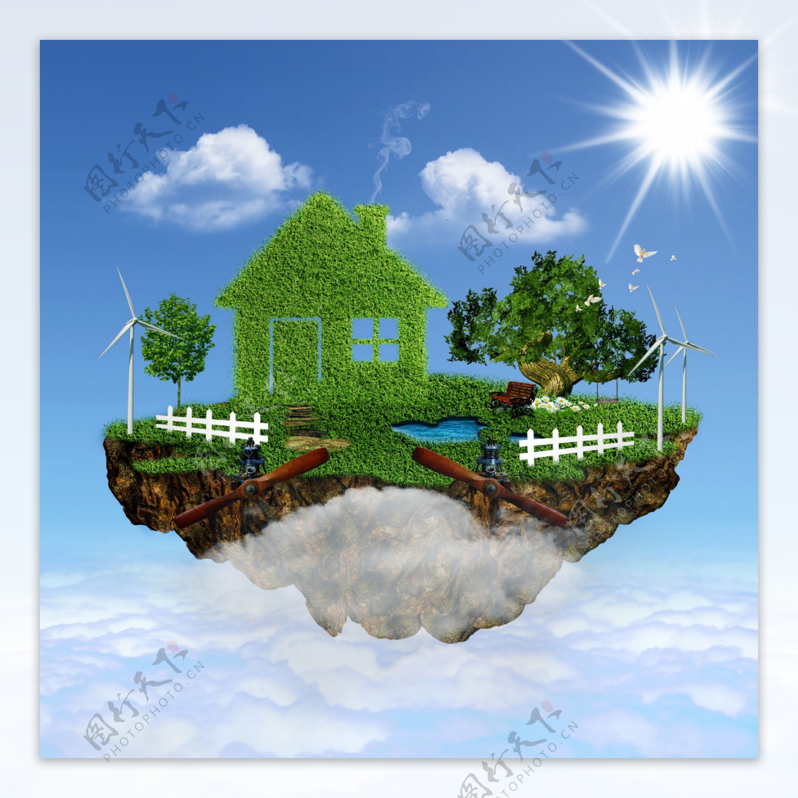 空中的绿色房屋图片