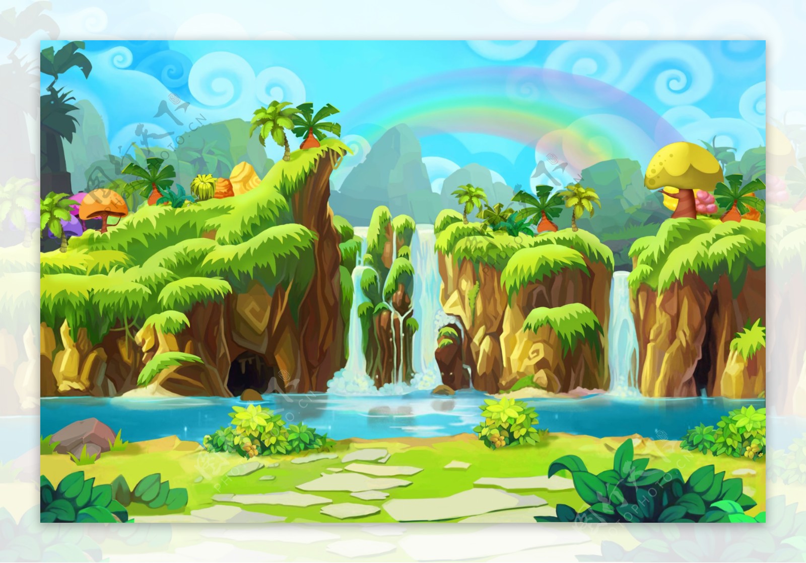 卡通彩虹瀑布风景图片