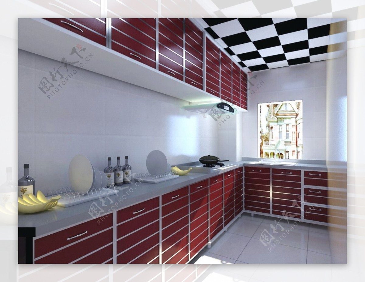 红色厨房橱柜模型