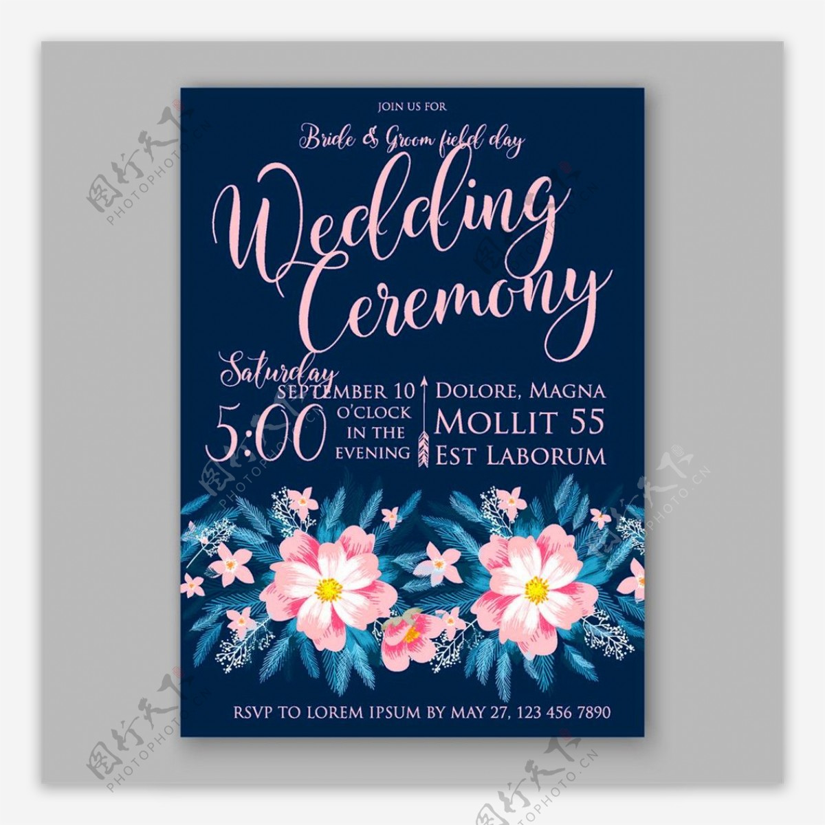 粉色英文和水彩花朵婚礼请贴图片