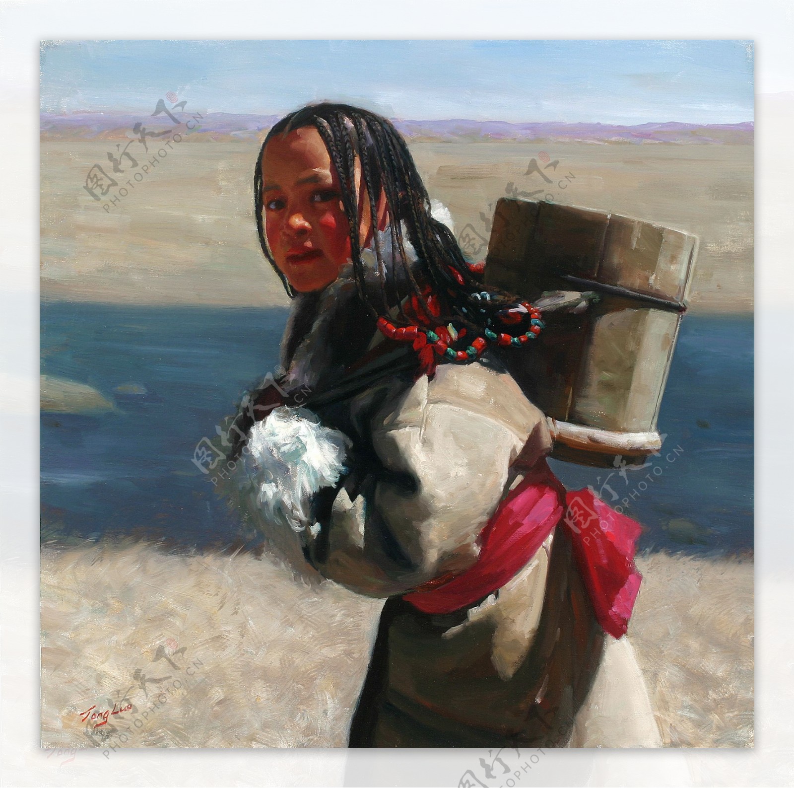 背水的藏族女孩油画写生图片