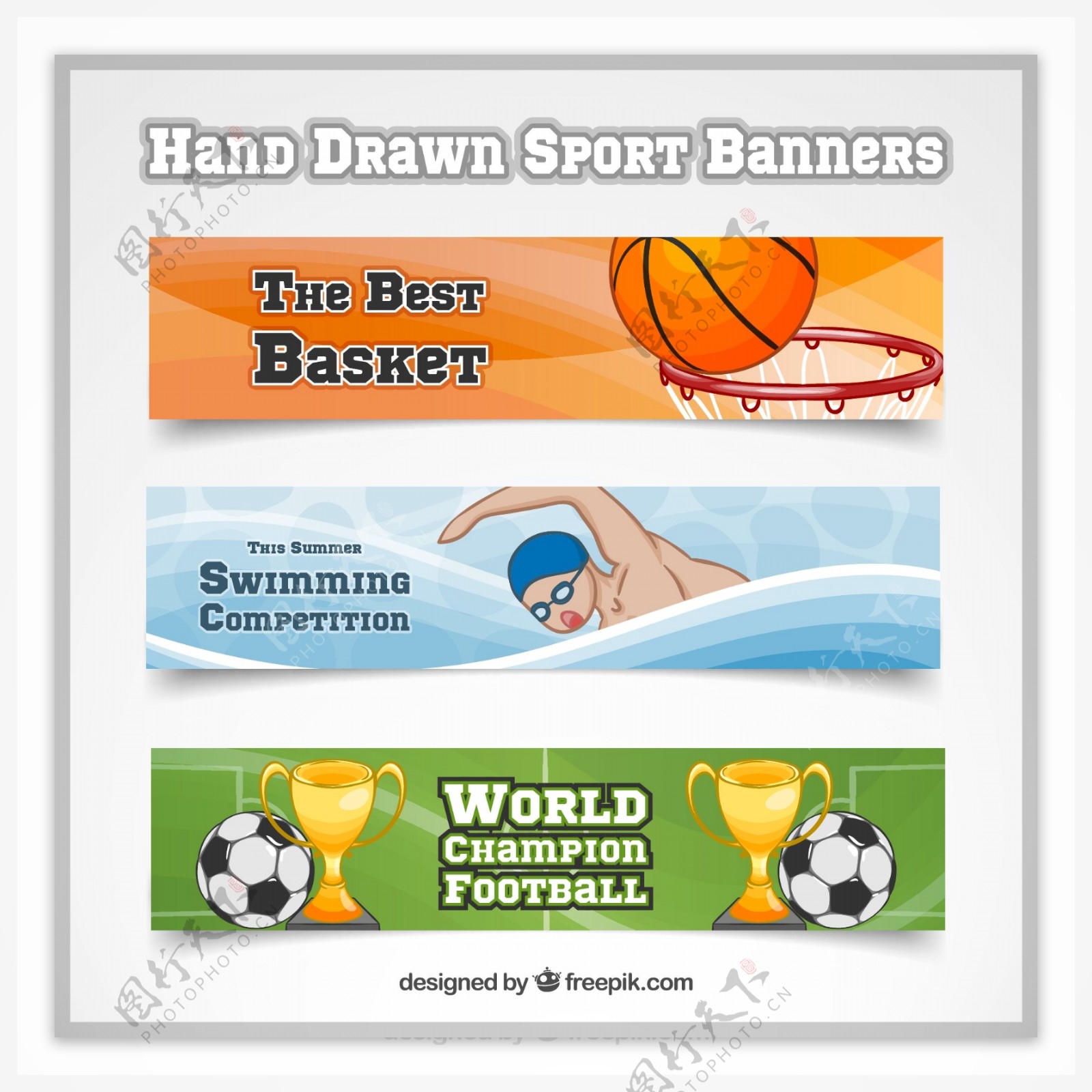 手工绘制的篮球游泳和足球的横幅