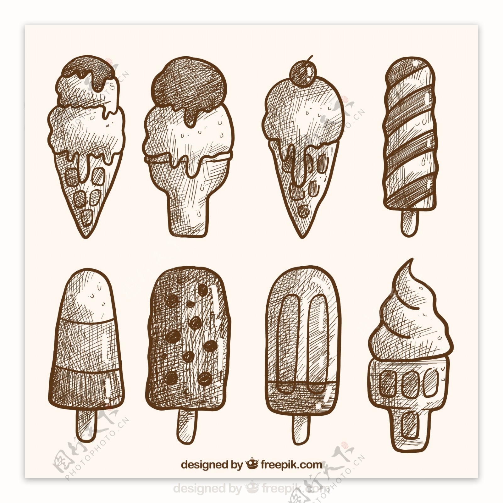 手绘素描风格美味冰淇淋图标