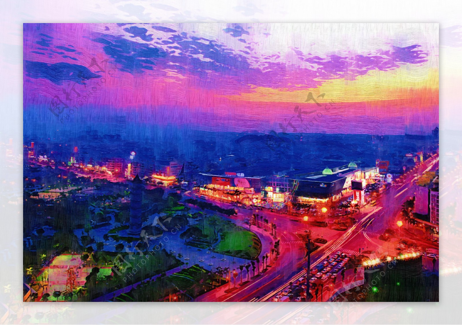 城市公路夜景油画图片