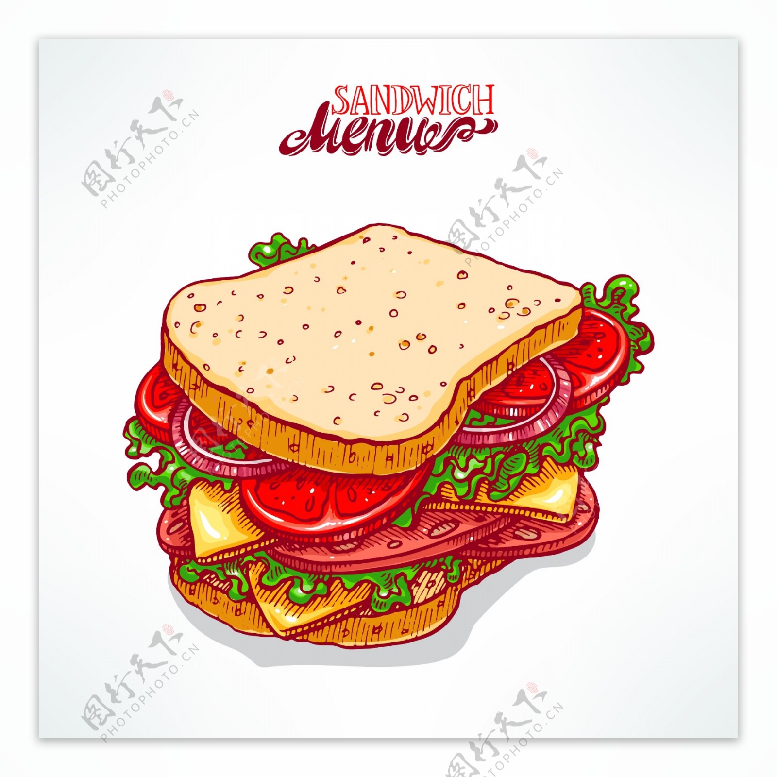 手繪火腿培根青菜番茄三明治料理AI圖案素材免費下載，可愛卡通圖片，尺寸3994 × 2979px - Lovepik