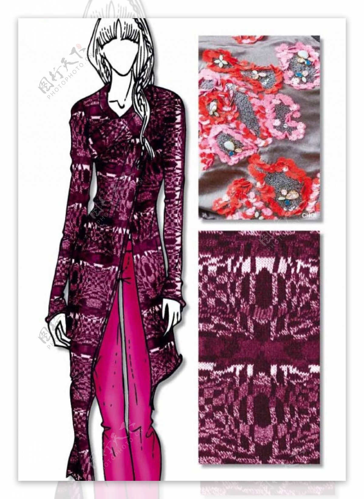 紫色长款女装设计与实物对比图