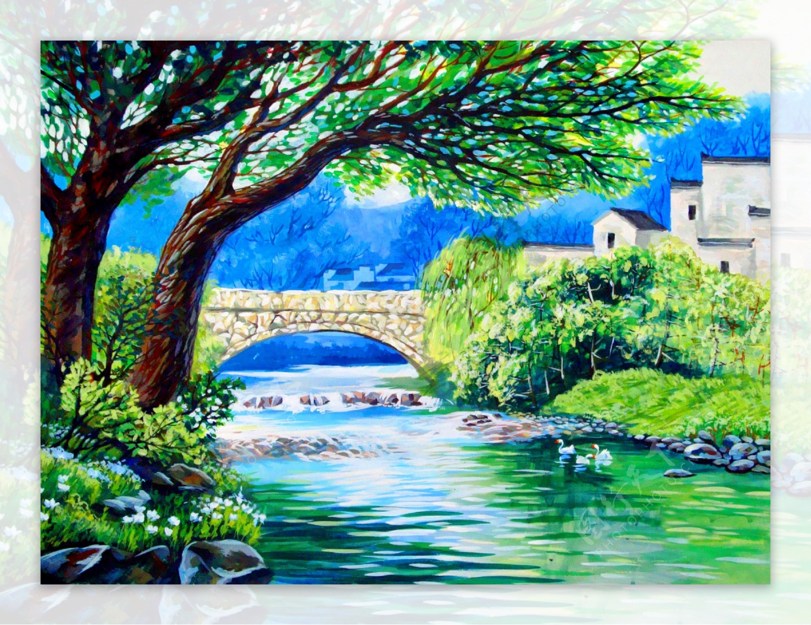 小桥流水风景油画图片