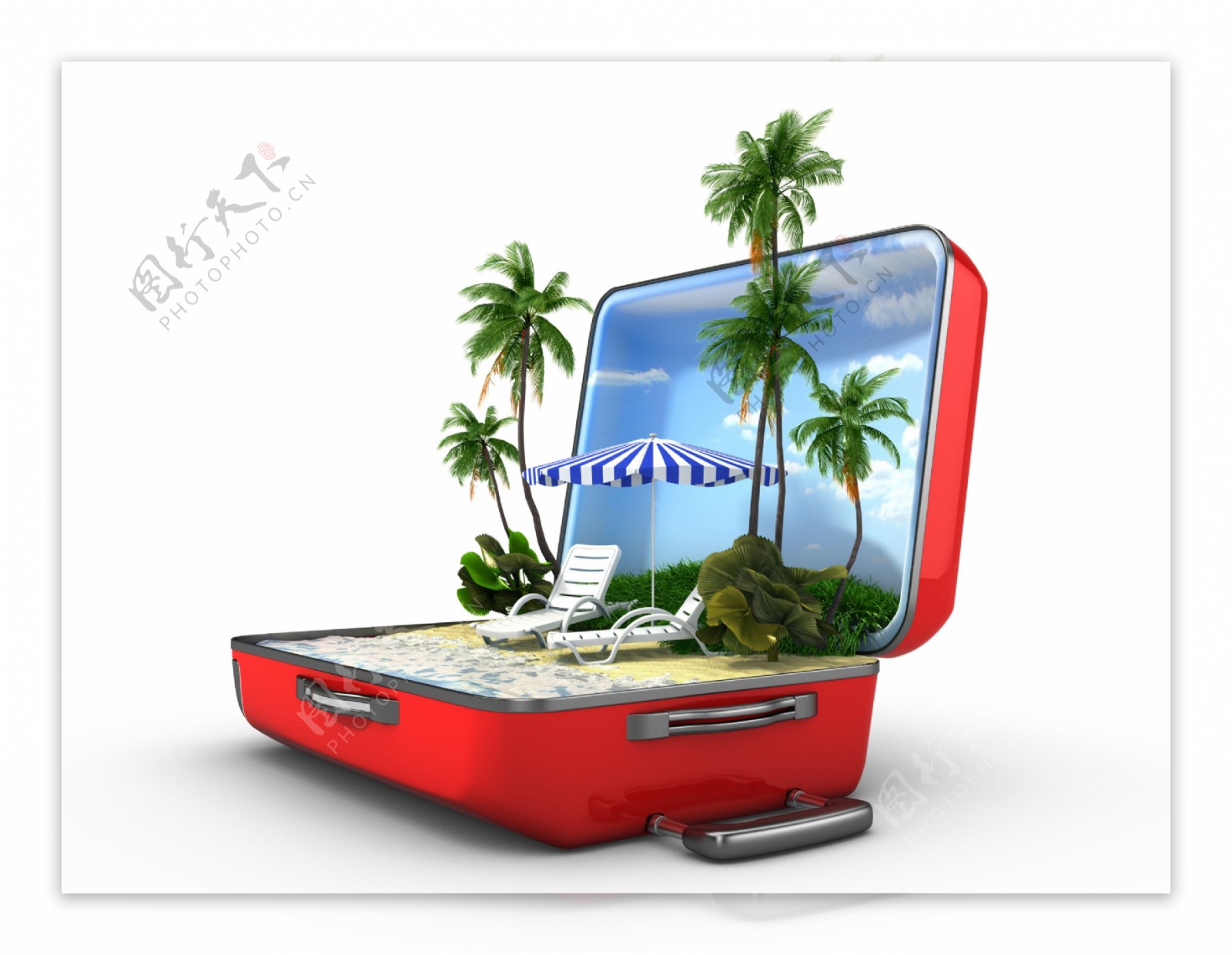 红色旅游箱里的椰树图片