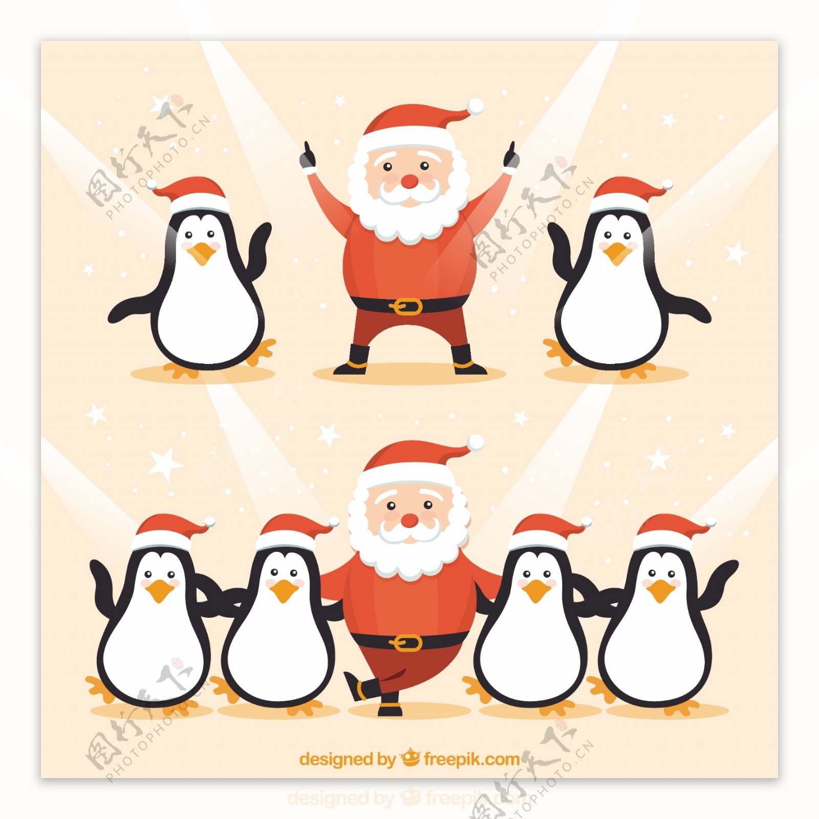 有趣的圣诞老人克劳斯和企鹅跳舞