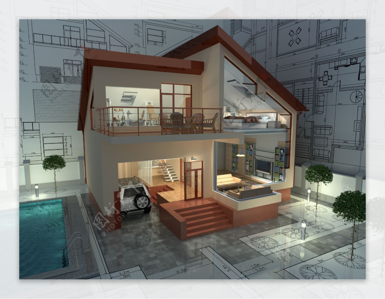 别墅3D效果与图纸