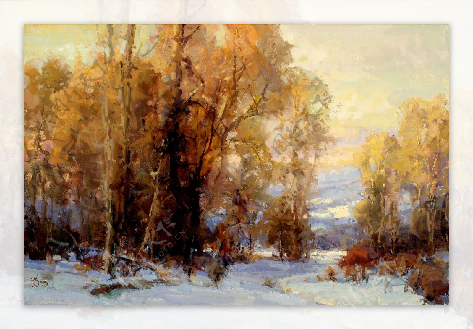 油画树木雪景图片