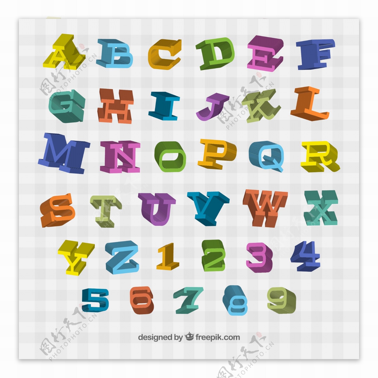 彩色立体字母与数字矢量图图片