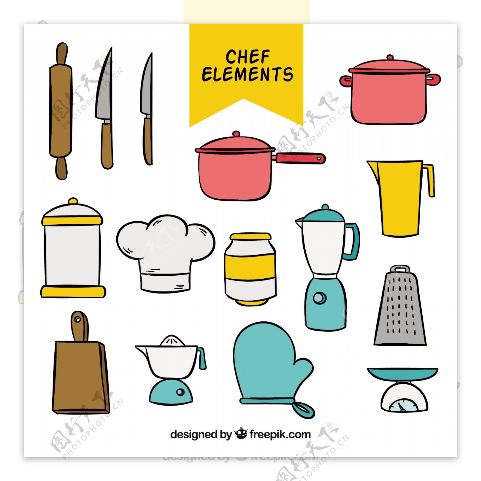 手绘线描风格各种厨师厨房用具矢量素材