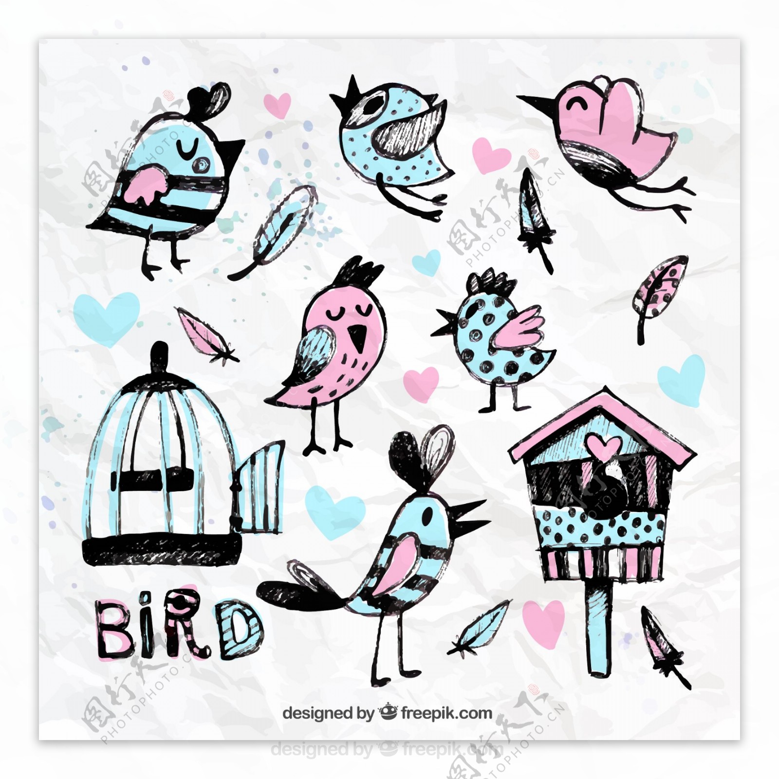 8款水彩绘小鸟和鸟笼矢量图