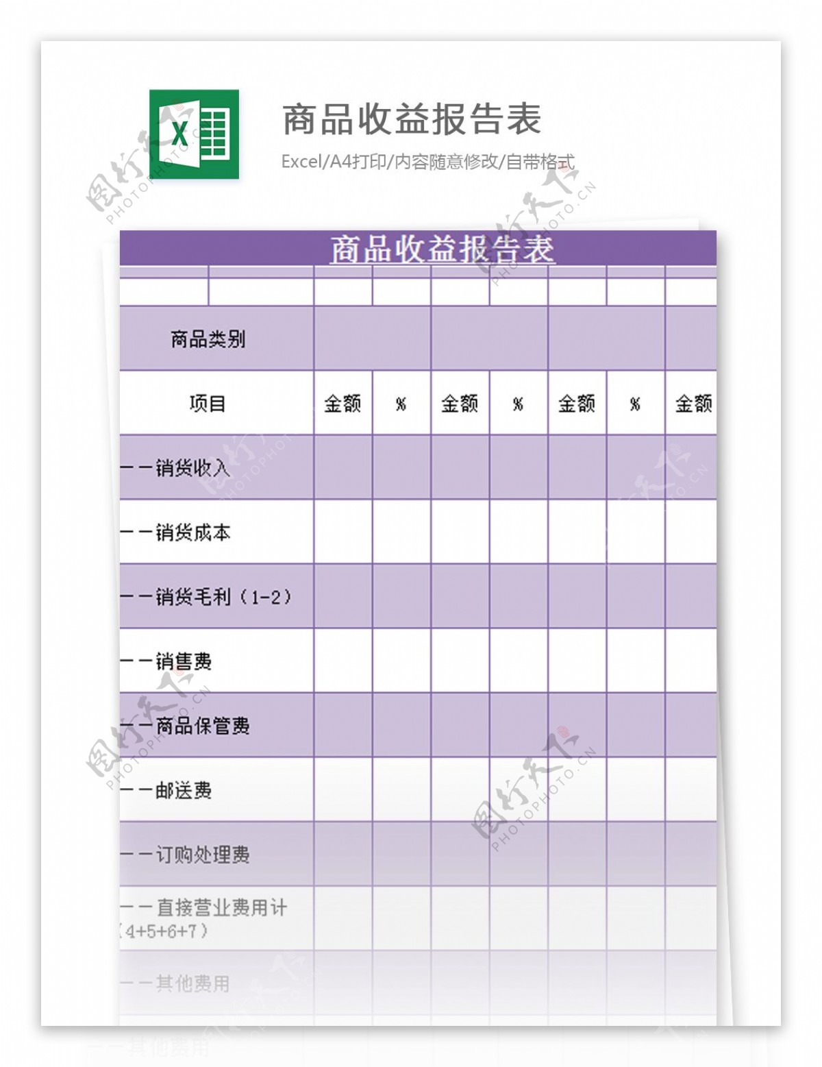 商品收益报告表excel模板