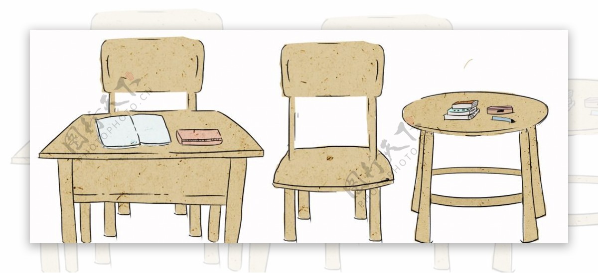 手绘教室桌子凳子和书本